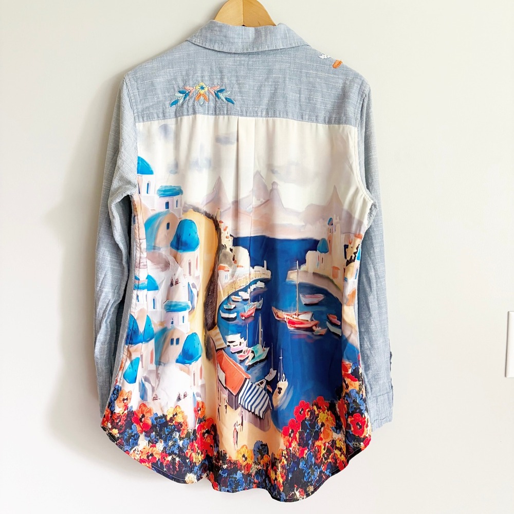 Soft Surroundings Ammabella Blue Embroidered Shirt XL Scenic Coastal Button Down